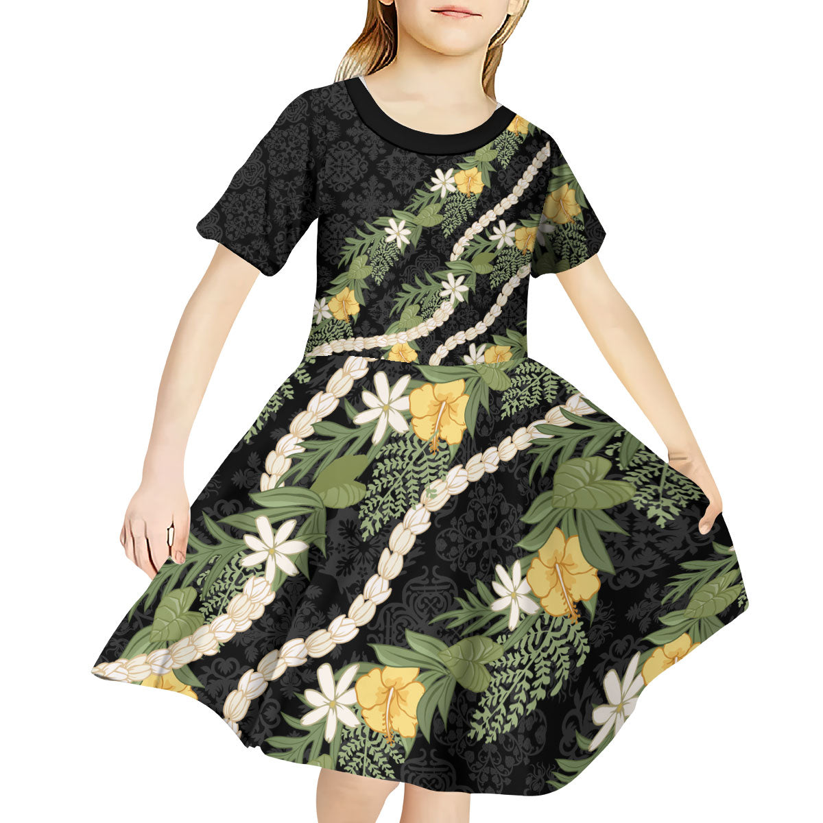 Puakenikeni Anthurium Pikake Lei Kid Short Sleeve Dress Hawaiian Quilt Pattern