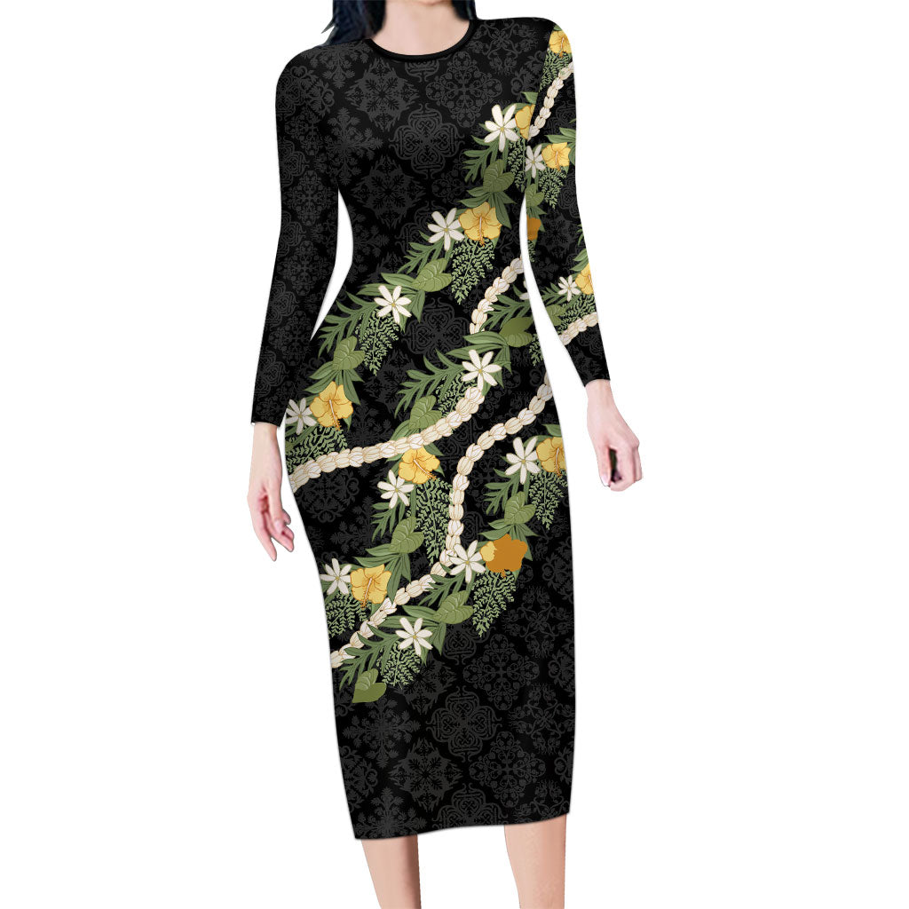 Puakenikeni Anthurium Pikake Lei Long Sleeve Bodycon Dress Hawaiian Quilt Pattern