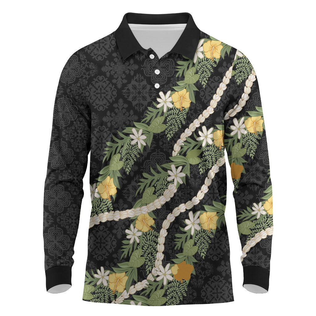 Puakenikeni Anthurium Pikake Lei Long Sleeve Polo Shirt Hawaiian Quilt Pattern