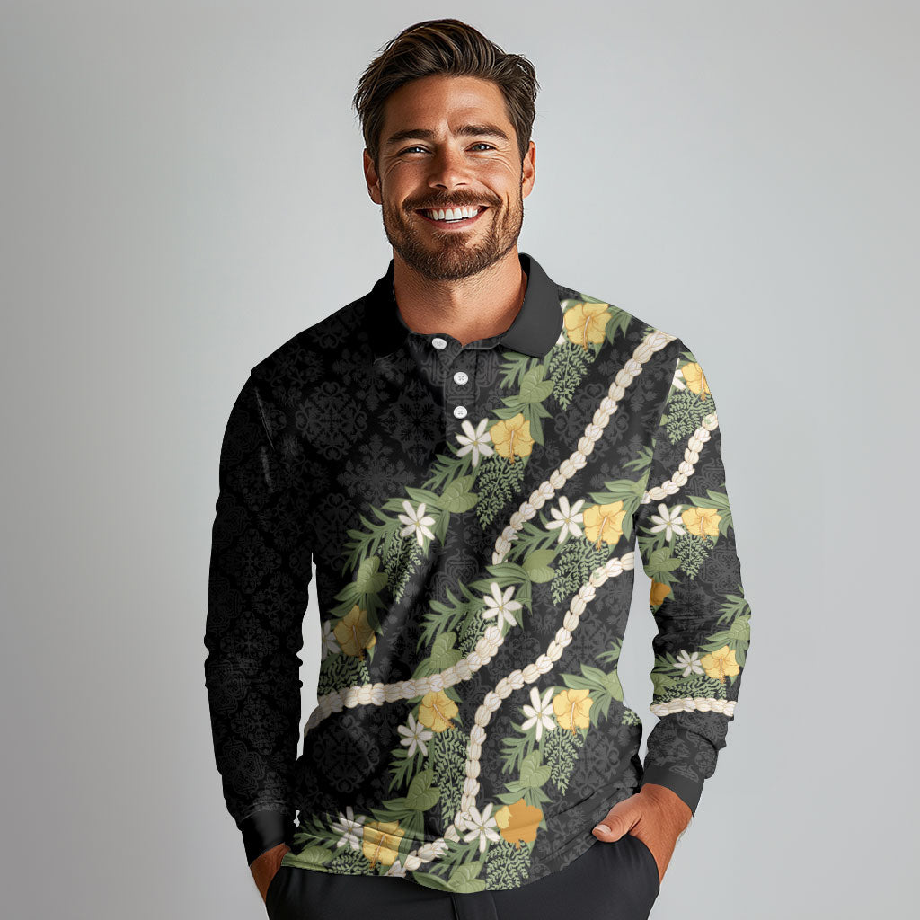 Puakenikeni Anthurium Pikake Lei Long Sleeve Polo Shirt Hawaiian Quilt Pattern