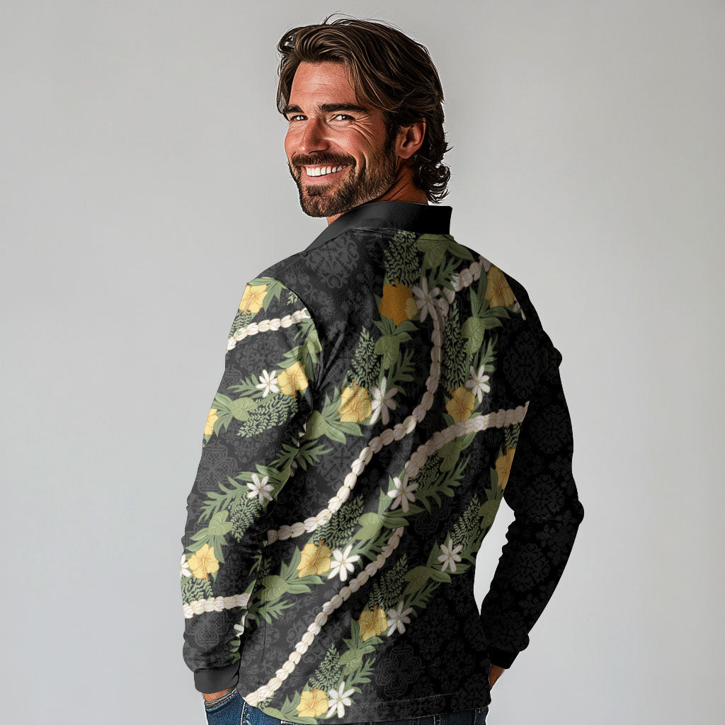 Puakenikeni Anthurium Pikake Lei Long Sleeve Polo Shirt Hawaiian Quilt Pattern