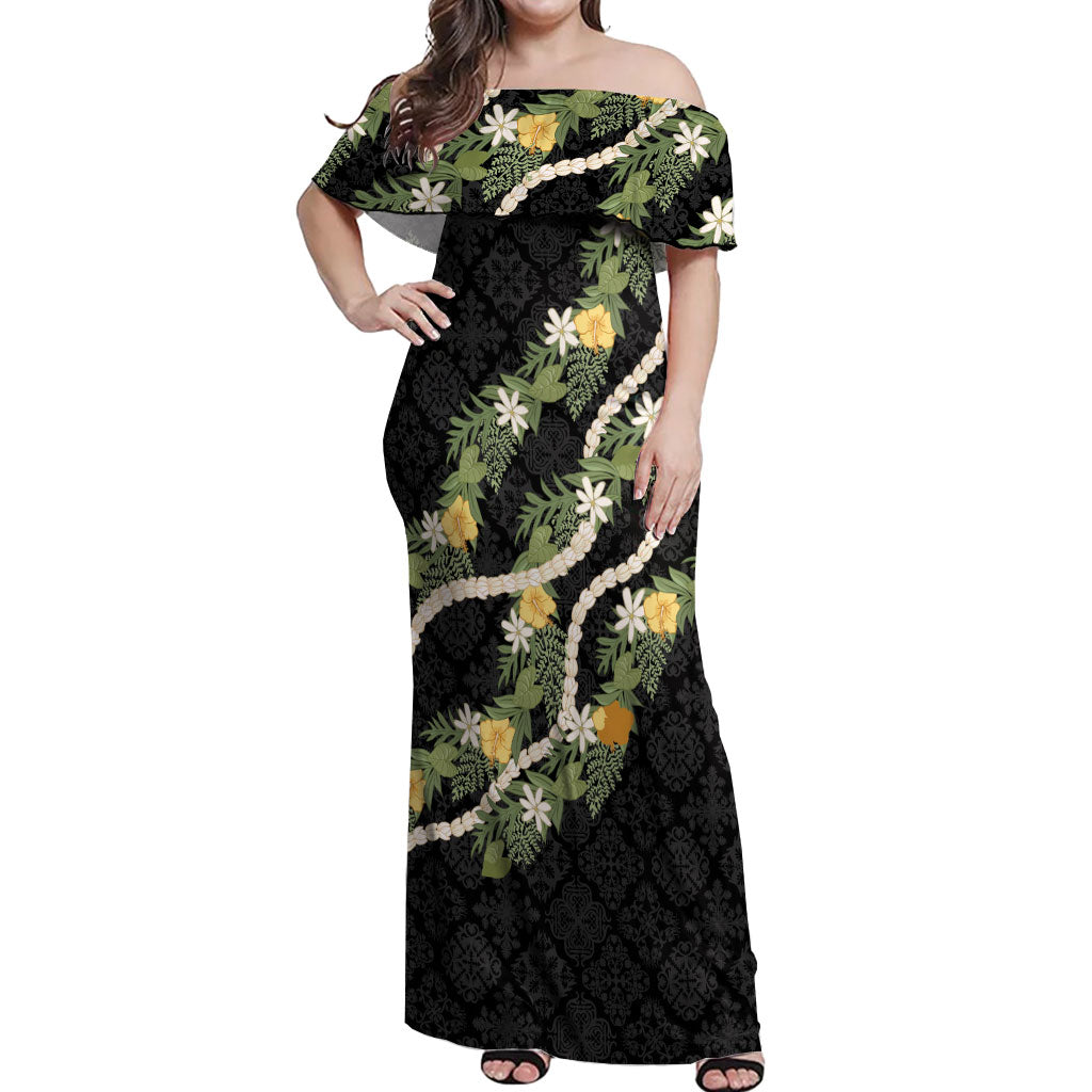 Puakenikeni Anthurium Pikake Lei Off Shoulder Maxi Dress Hawaiian Quilt Pattern