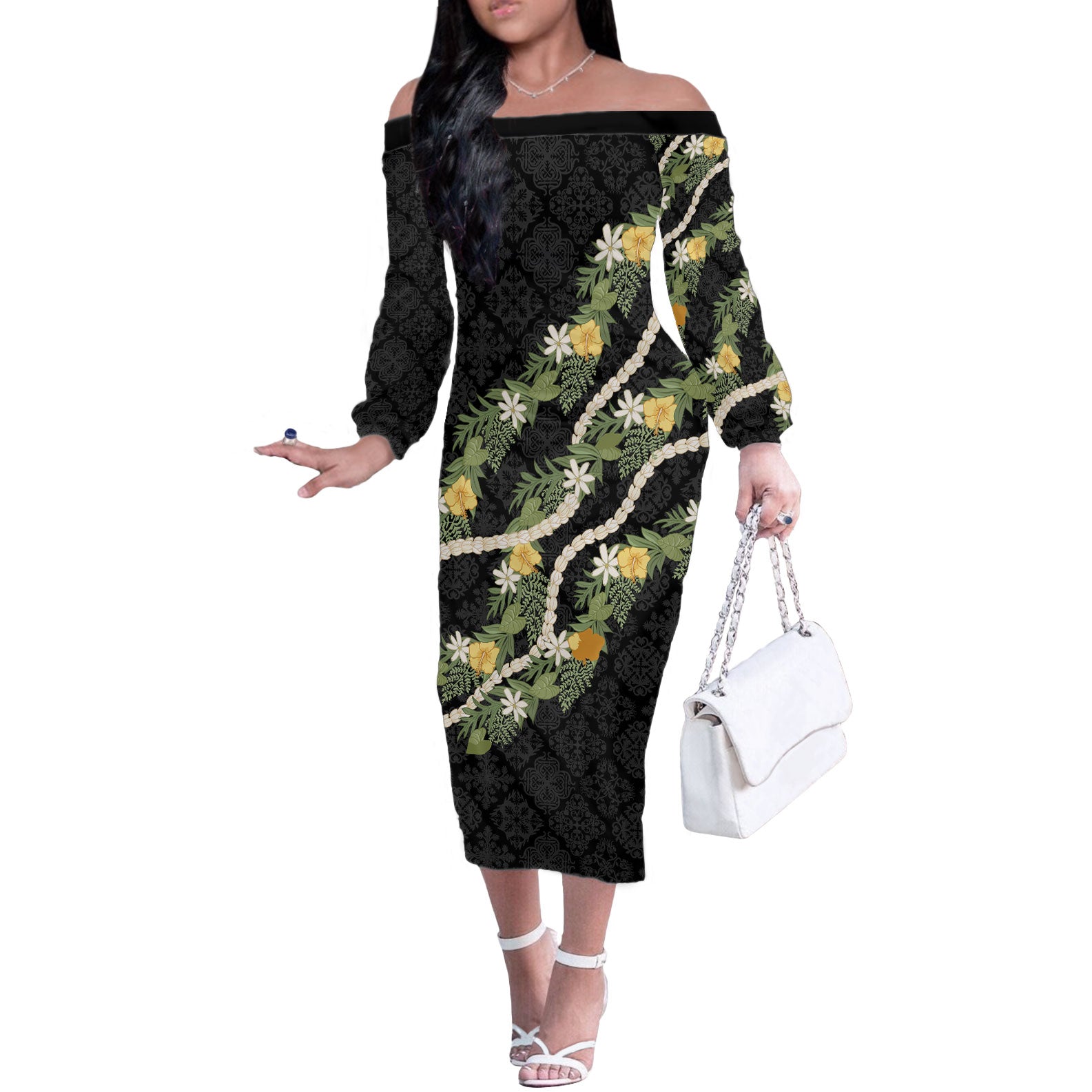 Puakenikeni Anthurium Pikake Lei Off The Shoulder Long Sleeve Dress Hawaiian Quilt Pattern
