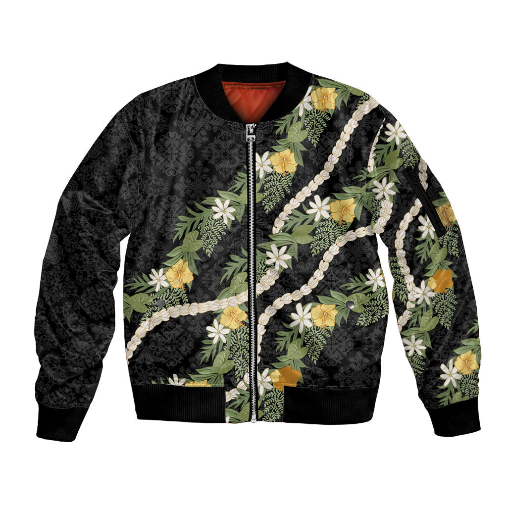 Puakenikeni Anthurium Pikake Lei Sleeve Zip Bomber Jacket Hawaiian Quilt Pattern