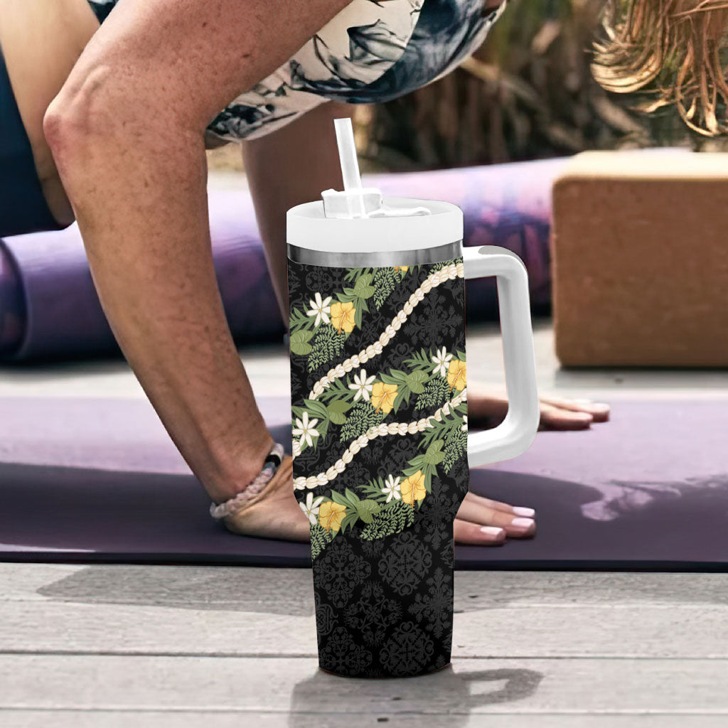 Puakenikeni Anthurium Pikake Lei Tumbler With Handle Hawaiian Quilt Pattern