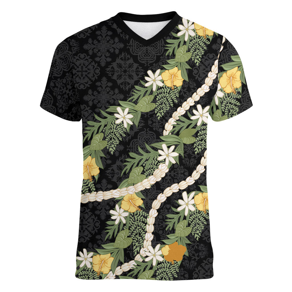 Puakenikeni Anthurium Pikake Lei Women V-Neck T-Shirt Hawaiian Quilt Pattern