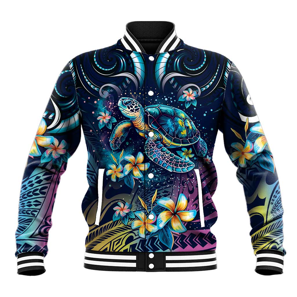 Plumeria Turtles Traditional Tribal Baseball Jacket LT9 Unisex Black - Polynesian Pride