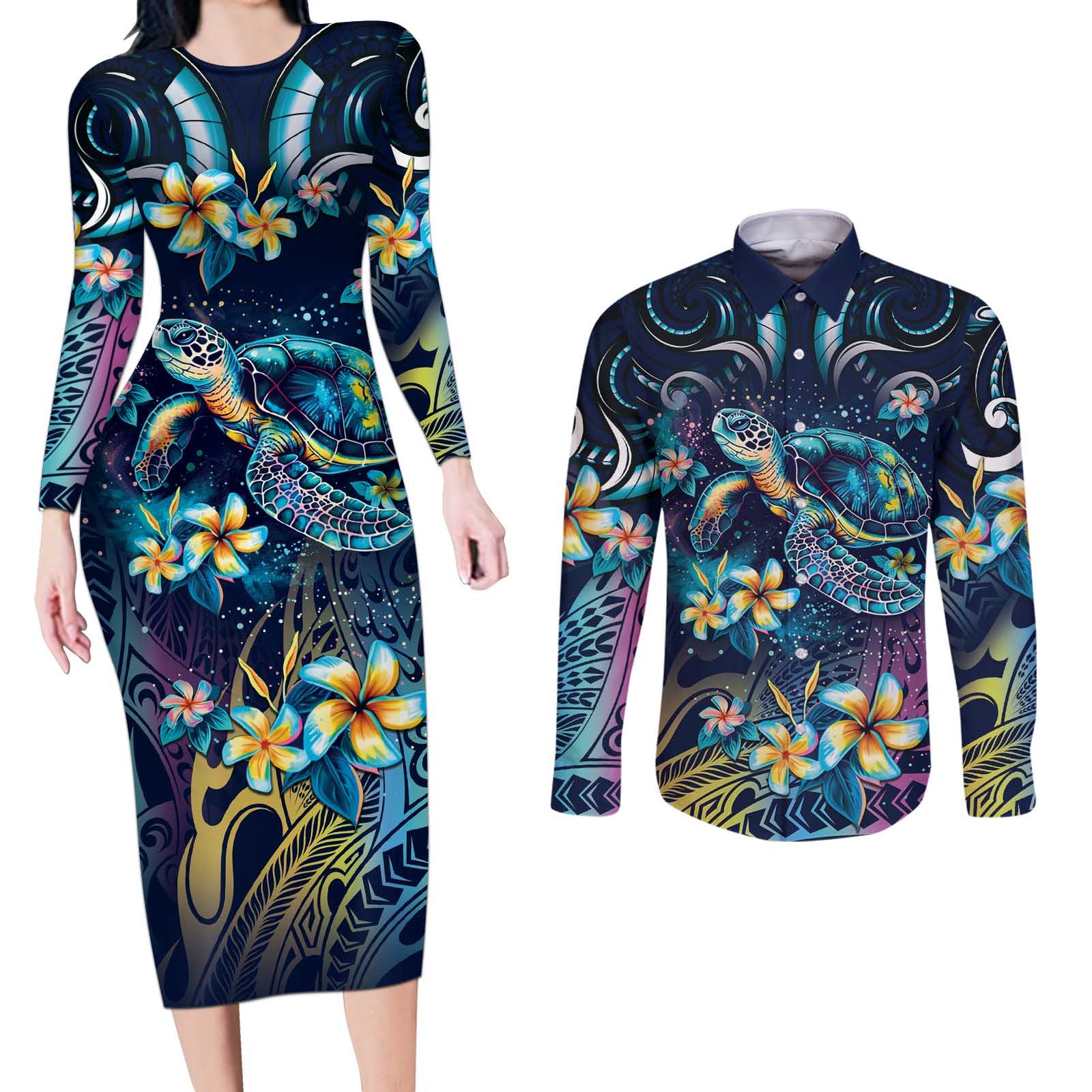Plumeria Turtles Traditional Tribal Couples Matching Long Sleeve Bodycon Dress and Long Sleeve Button Shirt LT9 Black - Polynesian Pride