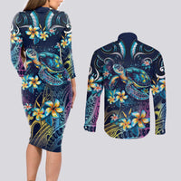 Plumeria Turtles Traditional Tribal Couples Matching Long Sleeve Bodycon Dress and Long Sleeve Button Shirt LT9 - Polynesian Pride