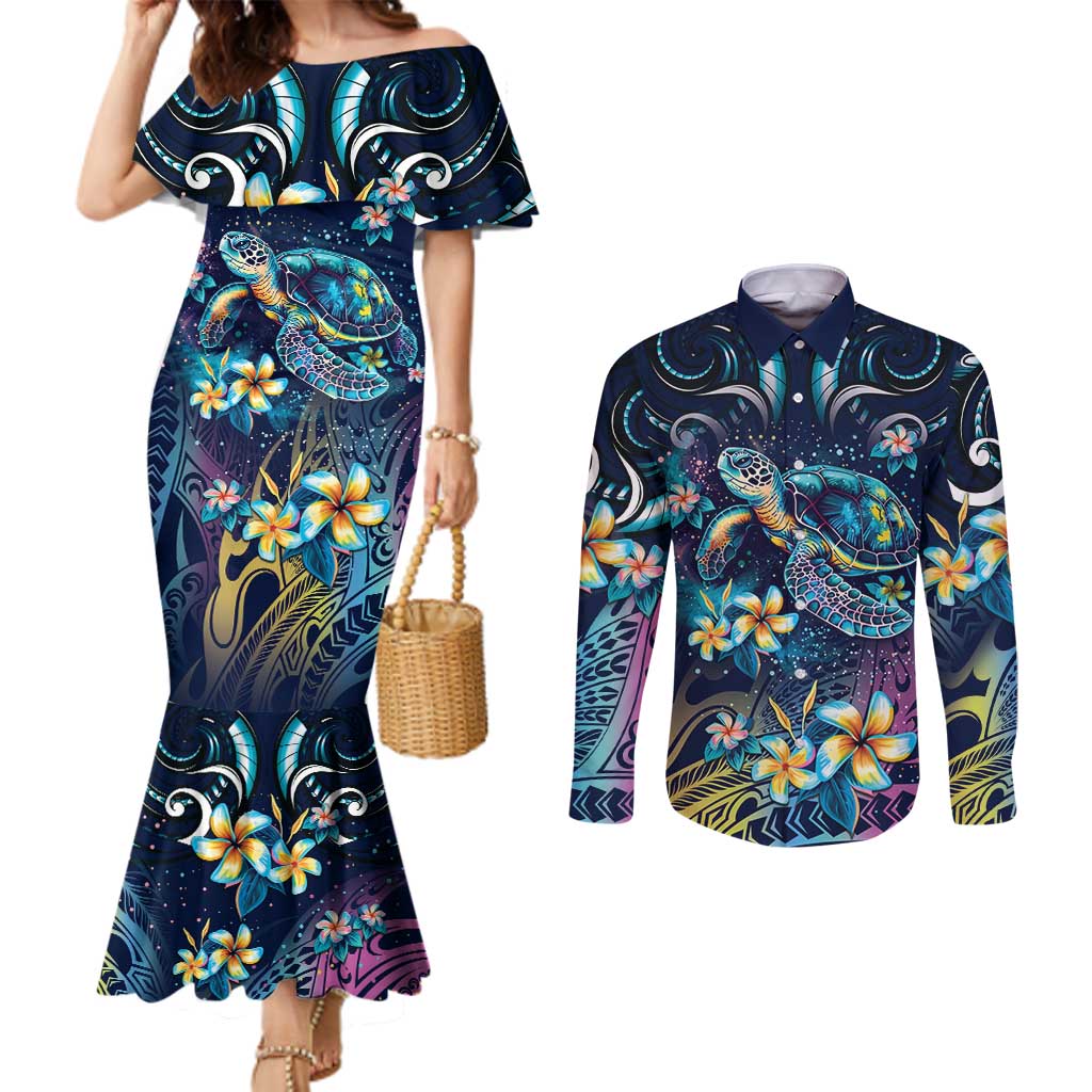 Plumeria Turtles Traditional Tribal Couples Matching Mermaid Dress and Long Sleeve Button Shirt LT9 Black - Polynesian Pride