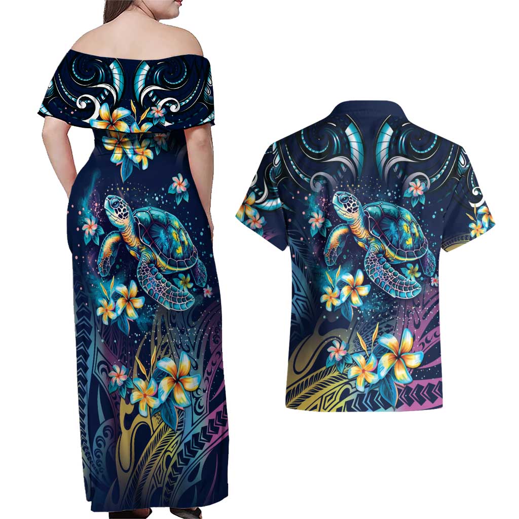 Plumeria Turtles Traditional Tribal Couples Matching Off Shoulder Maxi Dress and Hawaiian Shirt