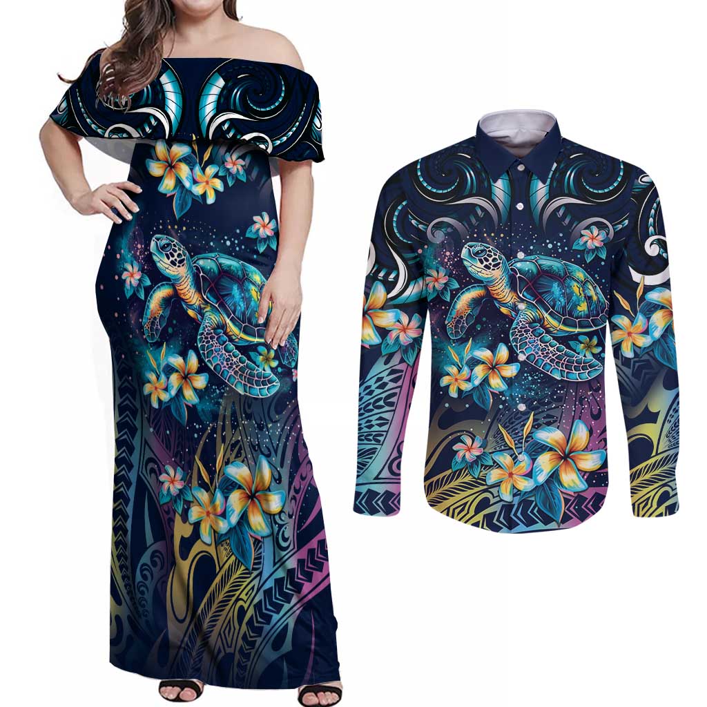 Plumeria Turtles Traditional Tribal Couples Matching Off Shoulder Maxi Dress and Long Sleeve Button Shirt LT9 Black - Polynesian Pride