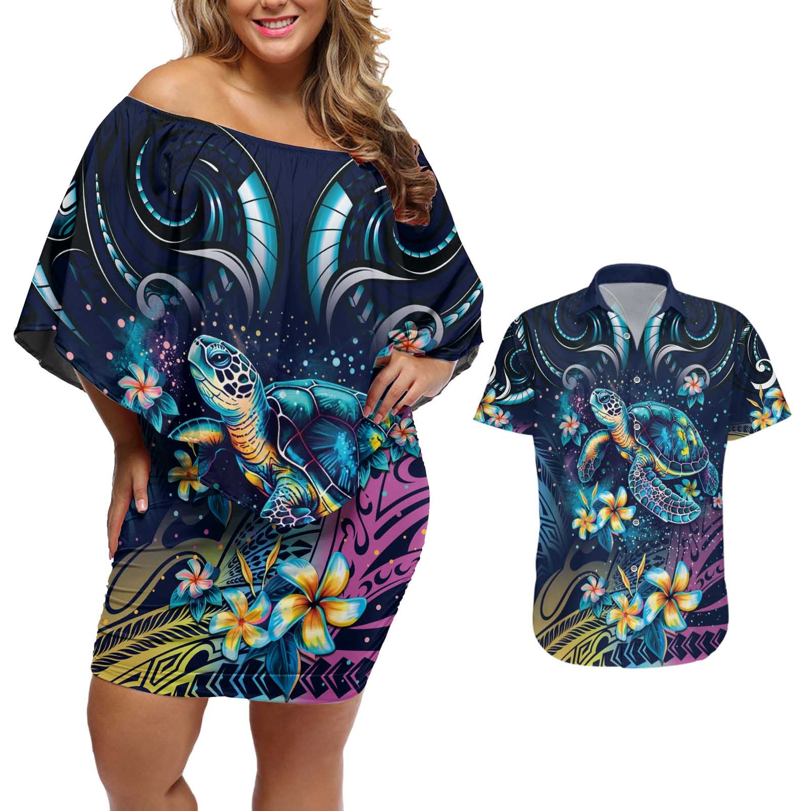 Plumeria Turtles Traditional Tribal Couples Matching Off Shoulder Short Dress and Hawaiian Shirt LT9 Black - Polynesian Pride