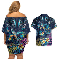 Plumeria Turtles Traditional Tribal Couples Matching Off Shoulder Short Dress and Hawaiian Shirt LT9 - Polynesian Pride