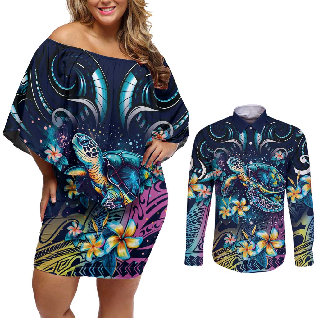 Plumeria Turtles Traditional Tribal Couples Matching Off Shoulder Short Dress and Long Sleeve Button Shirt LT9 Black - Polynesian Pride
