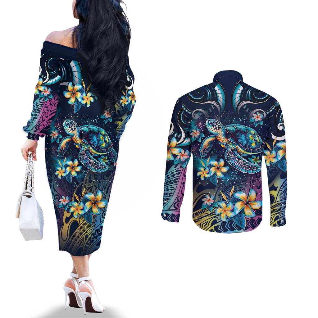 Plumeria Turtles Traditional Tribal Couples Matching Off The Shoulder Long Sleeve Dress and Long Sleeve Button Shirt LT9 - Polynesian Pride