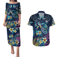 Plumeria Turtles Traditional Tribal Couples Matching Puletasi and Hawaiian Shirt LT9 Black - Polynesian Pride