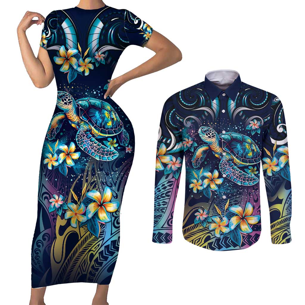 Plumeria Turtles Traditional Tribal Couples Matching Short Sleeve Bodycon Dress and Long Sleeve Button Shirt LT9 Black - Polynesian Pride