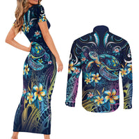 Plumeria Turtles Traditional Tribal Couples Matching Short Sleeve Bodycon Dress and Long Sleeve Button Shirt LT9 - Polynesian Pride