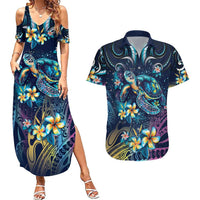 Plumeria Turtles Traditional Tribal Couples Matching Summer Maxi Dress and Hawaiian Shirt LT9 Black - Polynesian Pride