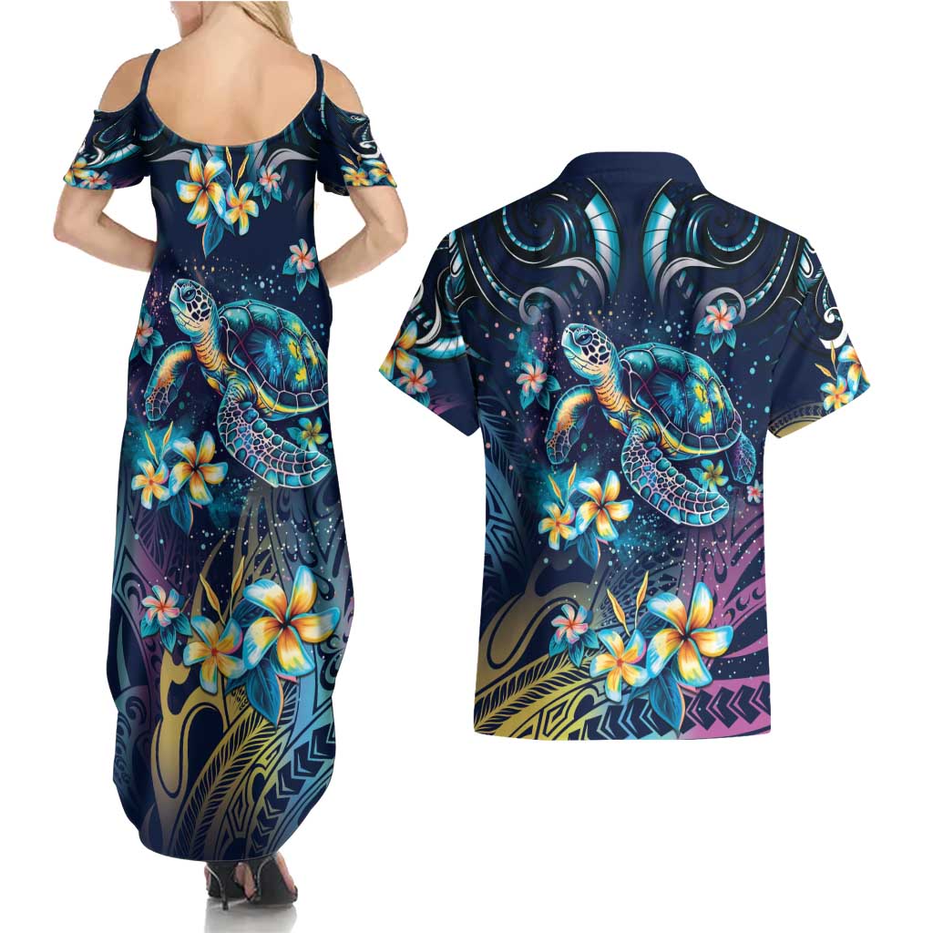 Plumeria Turtles Traditional Tribal Couples Matching Summer Maxi Dress and Hawaiian Shirt LT9 - Polynesian Pride