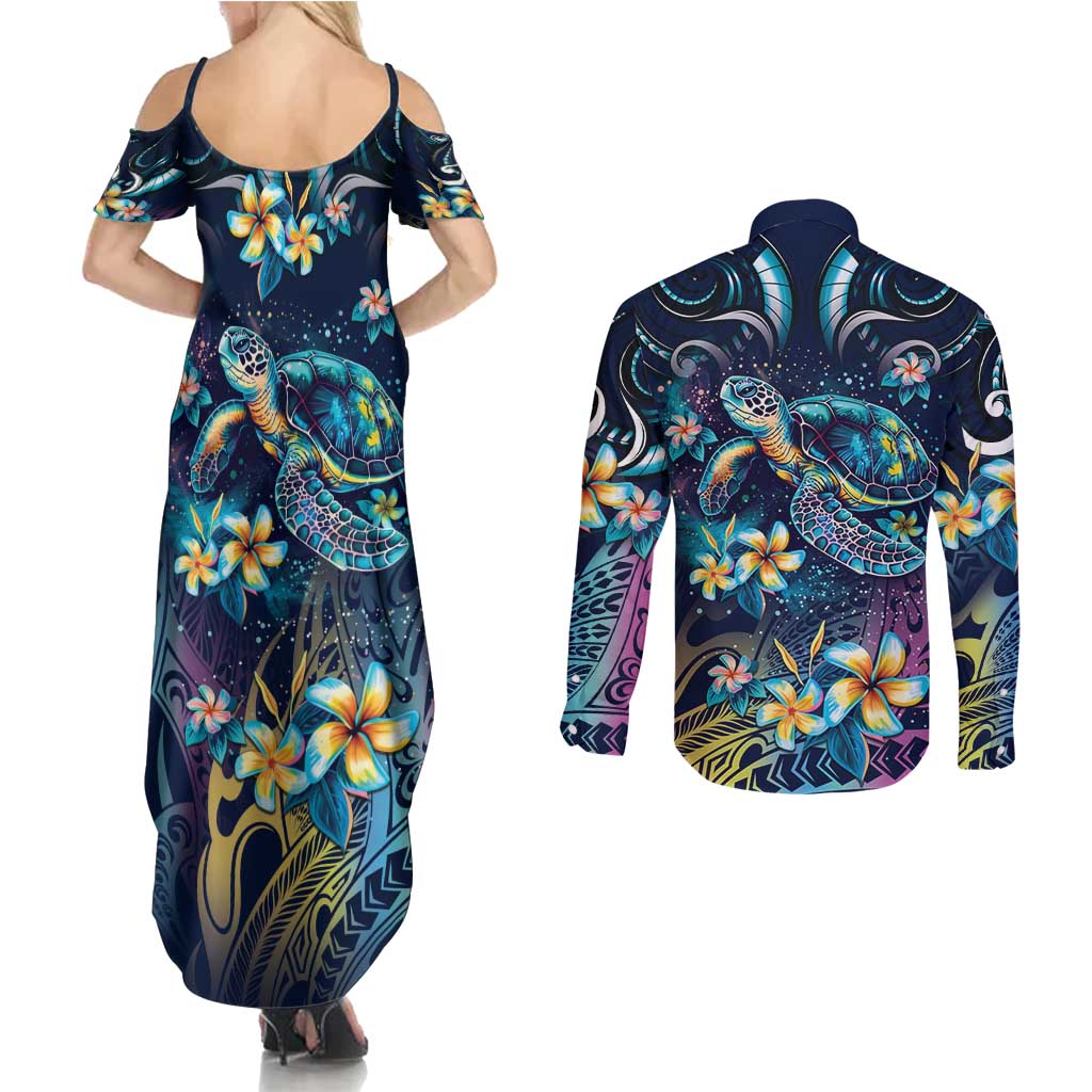 Plumeria Turtles Traditional Tribal Couples Matching Summer Maxi Dress and Long Sleeve Button Shirt LT9 - Polynesian Pride
