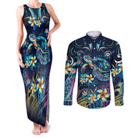 Plumeria Turtles Traditional Tribal Couples Matching Tank Maxi Dress and Long Sleeve Button Shirt LT9 Black - Polynesian Pride