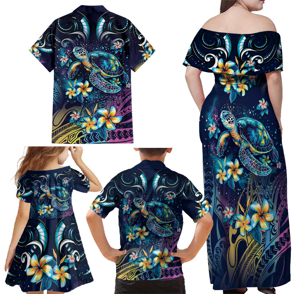 Plumeria Turtles Traditional Tribal Family Matching Off Shoulder Maxi Dress and Hawaiian Shirt LT9 - Polynesian Pride
