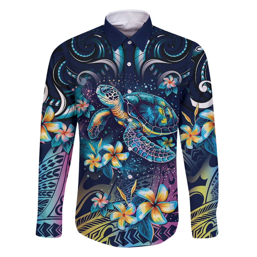 Plumeria Turtles Traditional Tribal Family Matching Off Shoulder Maxi Dress and Hawaiian Shirt LT9 Dad's Shirt - Long Sleeve Black - Polynesian Pride