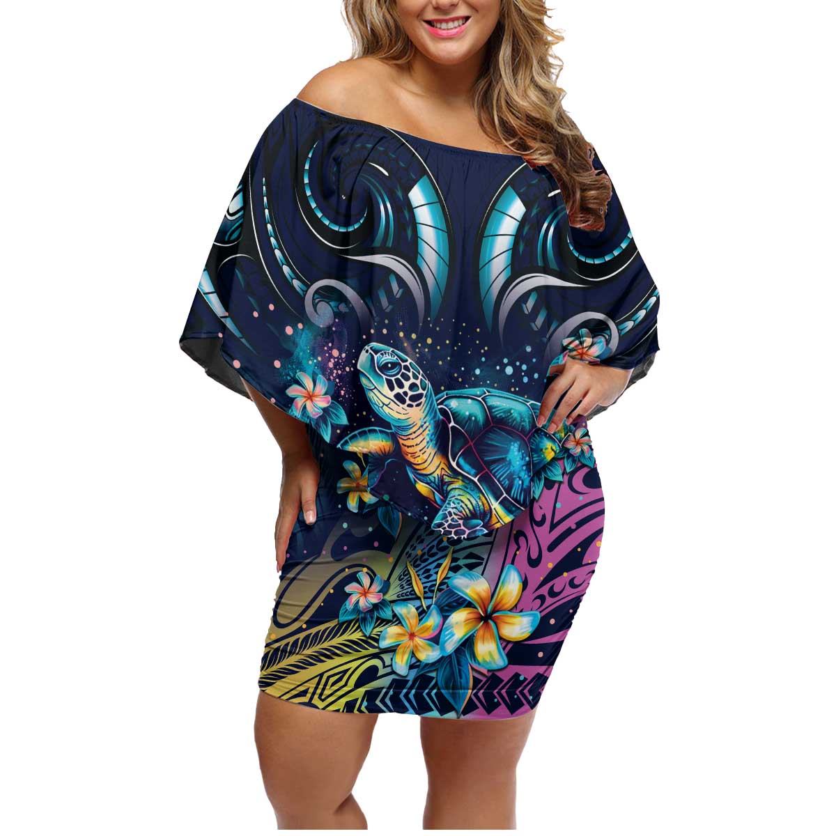 Plumeria Turtles Traditional Tribal Family Matching Off Shoulder Short Dress and Hawaiian Shirt LT9 Mom's Dress Black - Polynesian Pride