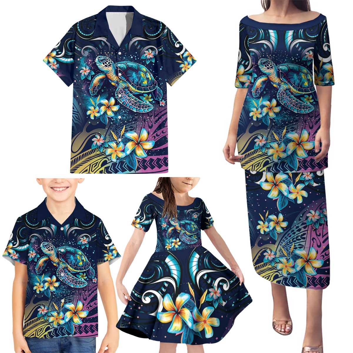 Plumeria Turtles Traditional Tribal Family Matching Puletasi and Hawaiian Shirt LT9 - Polynesian Pride