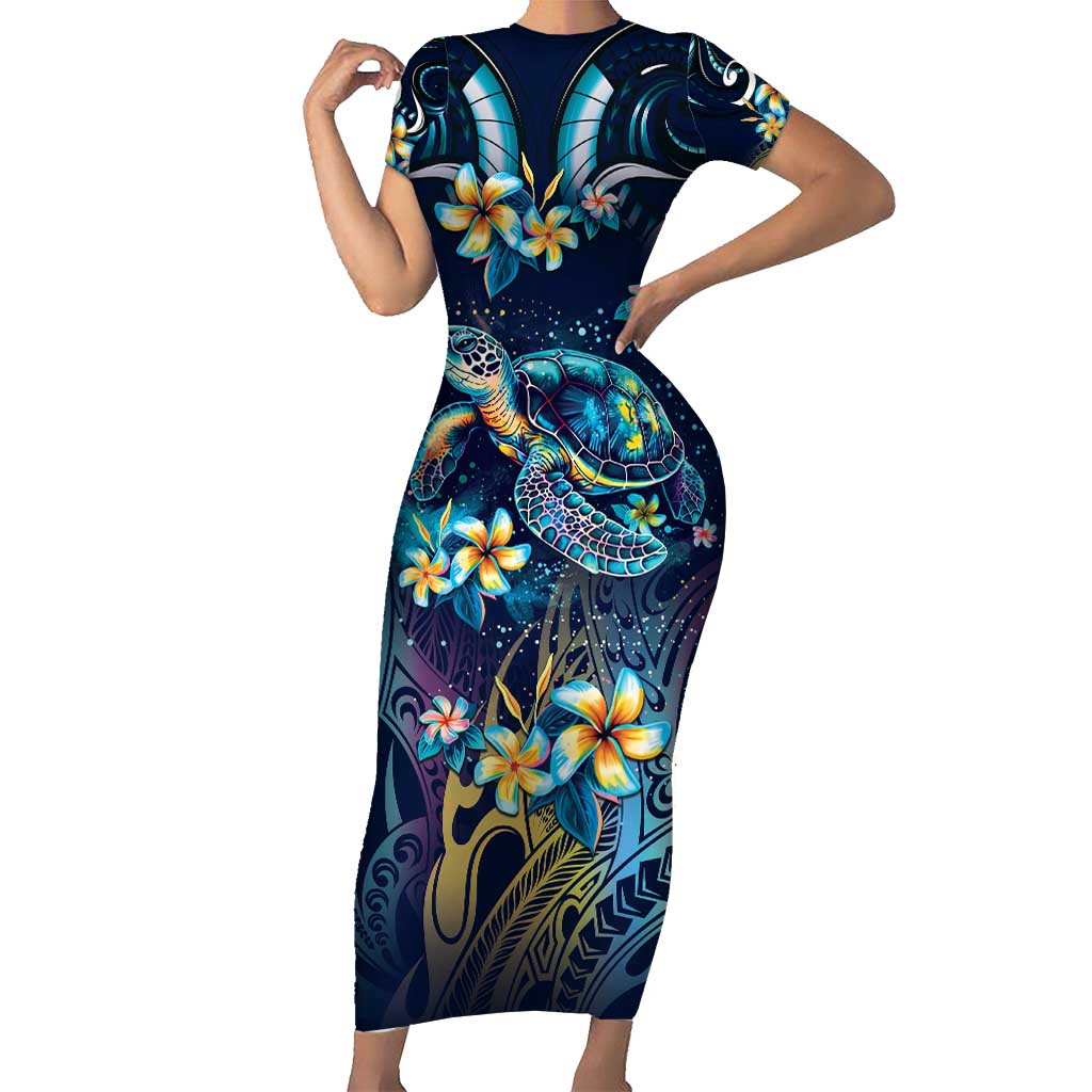 Plumeria Turtles Traditional Tribal Family Matching Short Sleeve Bodycon Dress and Hawaiian Shirt LT9 Mom's Dress Black - Polynesian Pride