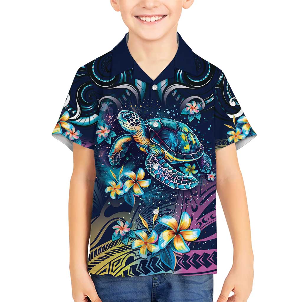 Plumeria Turtles Traditional Tribal Kid Hawaiian Shirt LT9 Kid Black - Polynesian Pride