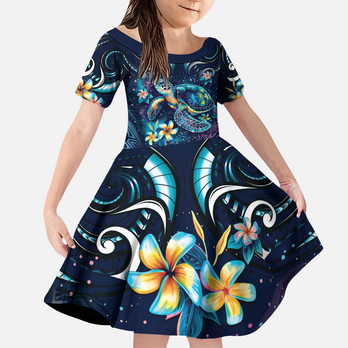 Plumeria Turtles Traditional Tribal Kid Short Sleeve Dress LT9 KID Black - Polynesian Pride