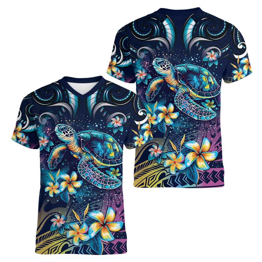 Plumeria Turtles Traditional Tribal Women V-Neck T-Shirt LT9 - Polynesian Pride