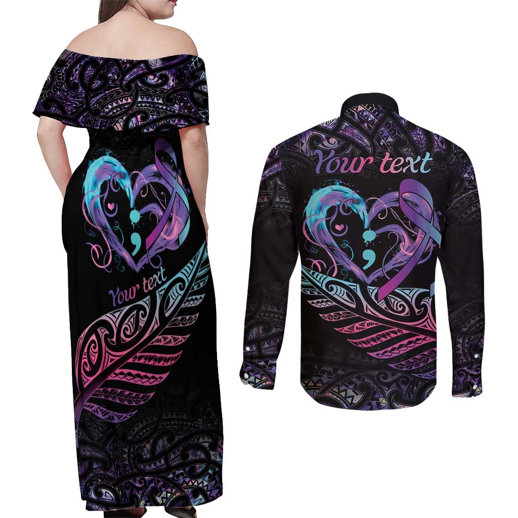 Personalised Your Life Matters Couples Matching Off Shoulder Maxi Dress and Long Sleeve Button Shirt Suicide Prevention Awareness Semicolon Heart