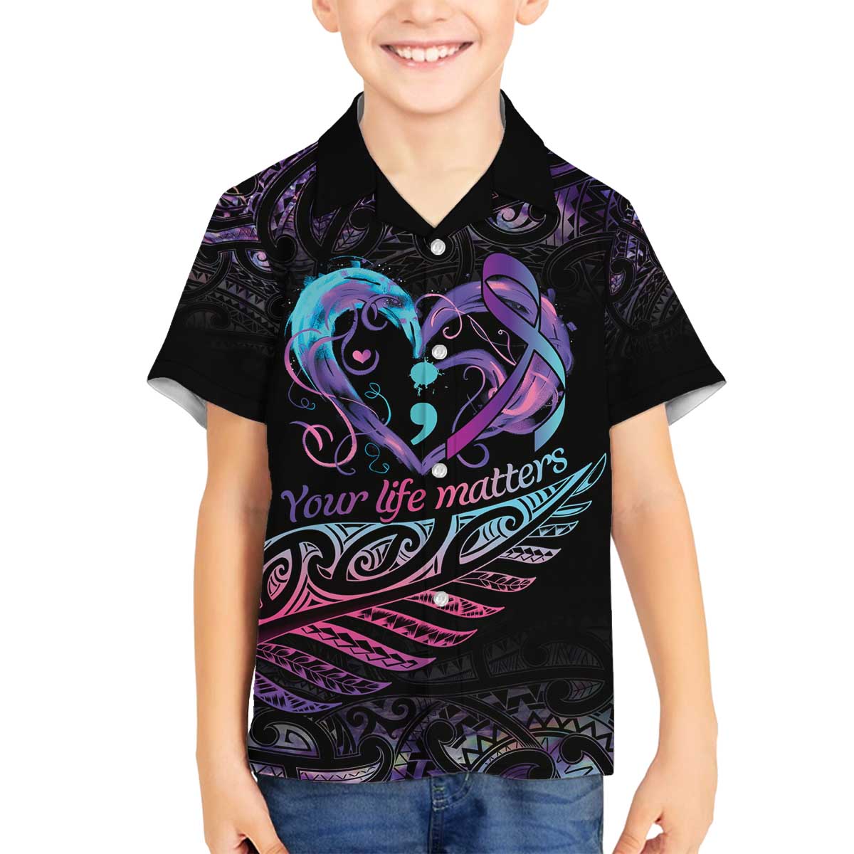 Personalised Your Life Matters Family Matching Off Shoulder Short Dress and Hawaiian Shirt Suicide Prevention Awareness Semicolon Heart