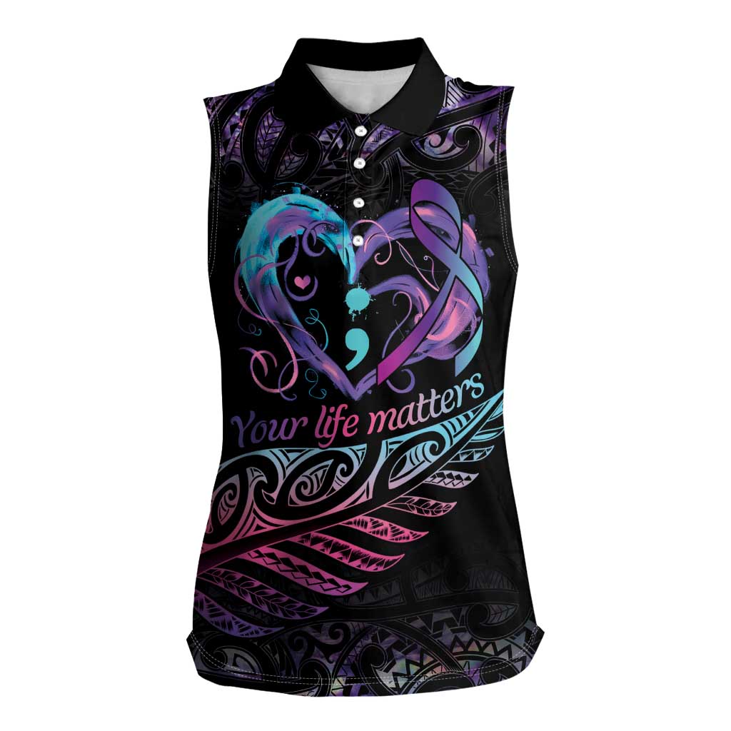 Personalised Your Life Matters Women Sleeveless Polo Shirt Suicide Prevention Awareness Semicolon Heart