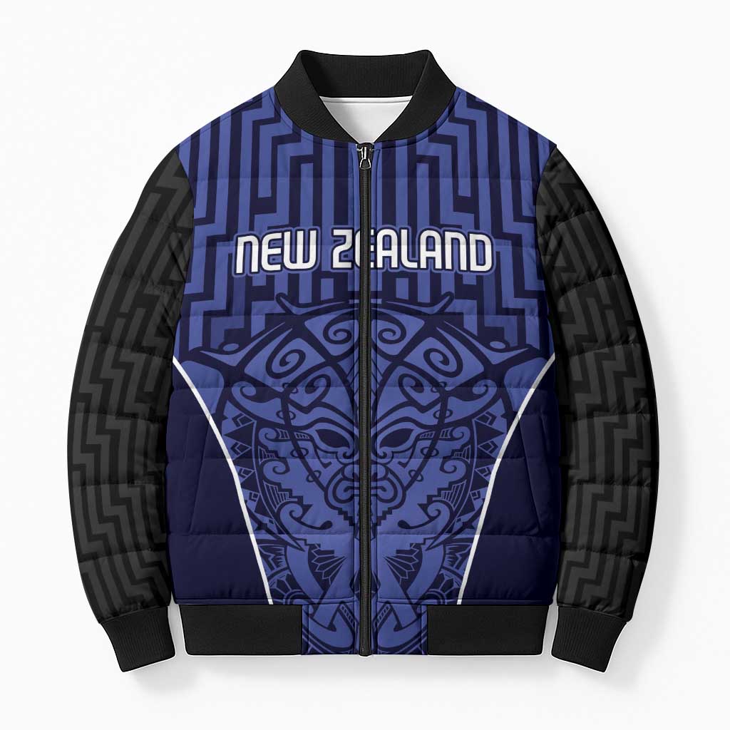 Custom Basketball New Zealand Bomber Puffer Jacket Blue Maori Ta Moko Indigenous - Polynesian Pride