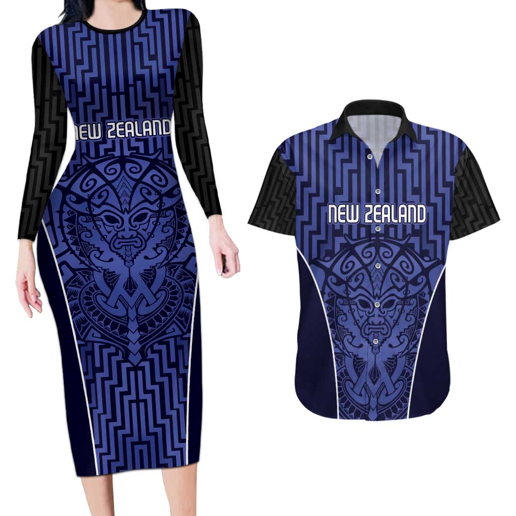 Custom Basketball New Zealand Couples Matching Long Sleeve Bodycon Dress and Hawaiian Shirt Blue Maori Ta Moko Indigenous - Polynesian Pride