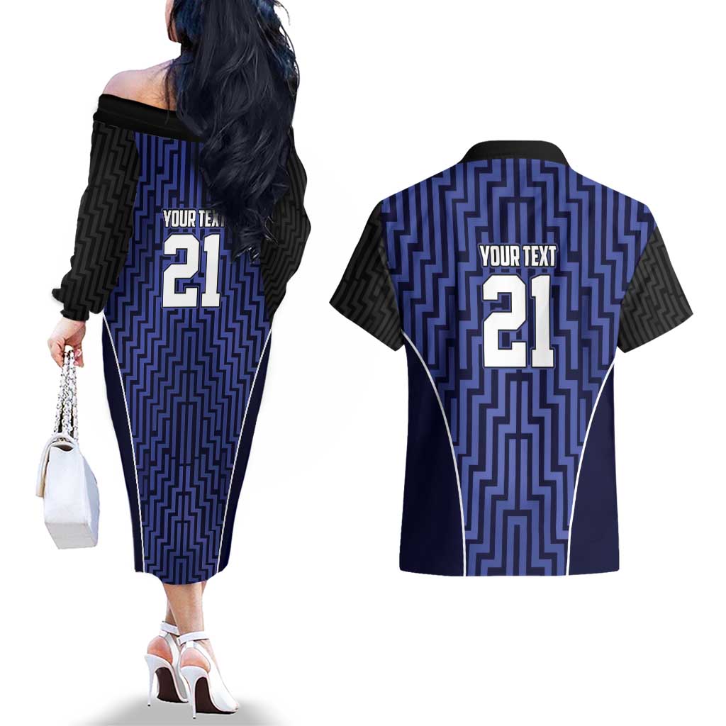 Custom Basketball New Zealand Couples Matching Off The Shoulder Long Sleeve Dress and Hawaiian Shirt Blue Maori Ta Moko Indigenous - Polynesian Pride