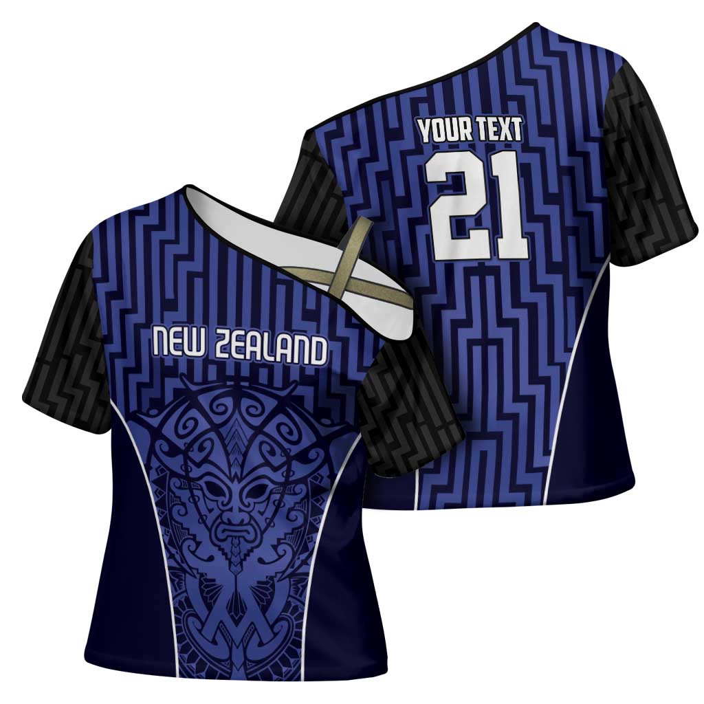 Custom Basketball New Zealand Cross Shoulder Shirt Blue Maori Ta Moko Indigenous - Polynesian Pride