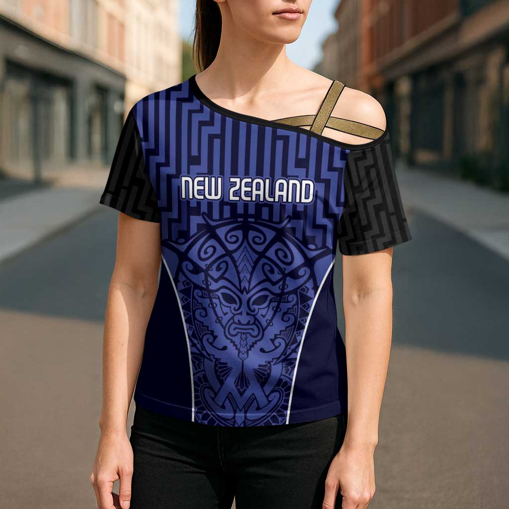 Custom Basketball New Zealand Cross Shoulder Shirt Blue Maori Ta Moko Indigenous - Polynesian Pride