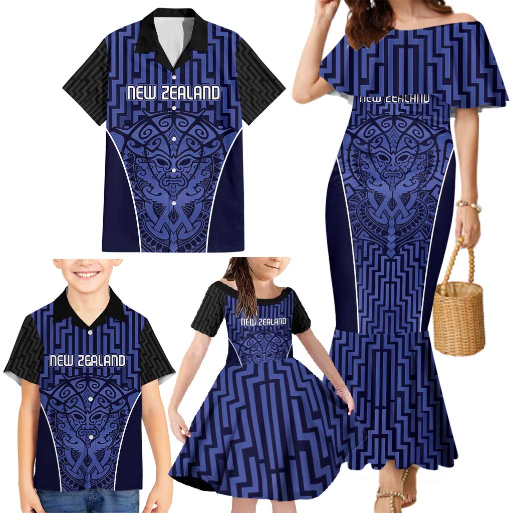 Custom Basketball New Zealand Family Matching Mermaid Dress and Hawaiian Shirt Blue Maori Ta Moko Indigenous - Polynesian Pride