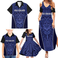 Custom Basketball New Zealand Family Matching Summer Maxi Dress and Hawaiian Shirt Blue Maori Ta Moko Indigenous - Polynesian Pride