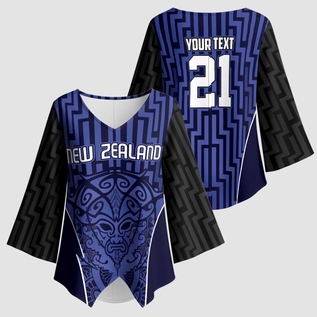 Custom Basketball New Zealand Kimono Sleeve Blouse Blue Maori Ta Moko Indigenous - Polynesian Pride