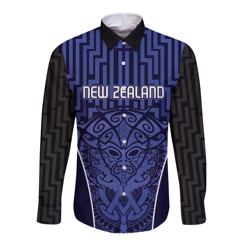Custom Basketball New Zealand Long Sleeve Button Shirt Blue Maori Ta Moko Indigenous - Polynesian Pride
