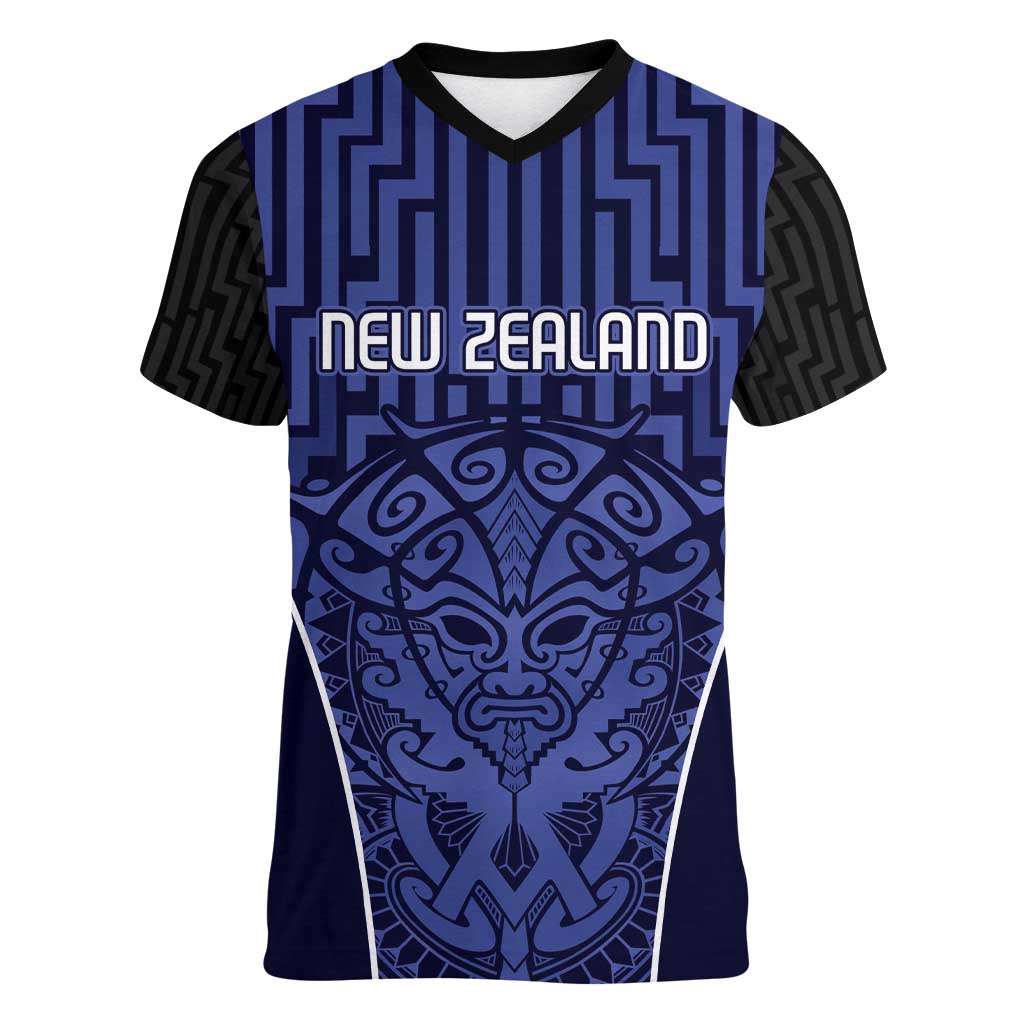 Custom Basketball New Zealand Women V-Neck T-Shirt Blue Maori Ta Moko Indigenous - Polynesian Pride