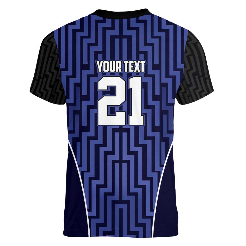 Custom Basketball New Zealand Women V-Neck T-Shirt Blue Maori Ta Moko Indigenous - Polynesian Pride