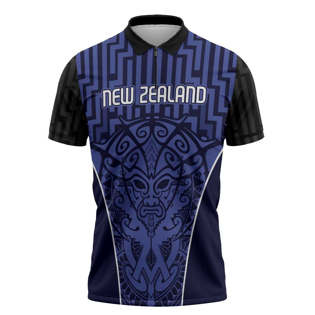 Custom Basketball New Zealand Zipper Polo Shirt Blue Maori Ta Moko Indigenous LT9 Blue - Polynesian Pride